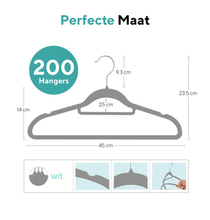 Life's Green® Velvet KleerHanger - 200 Stuks - Anti-slip - Grijs